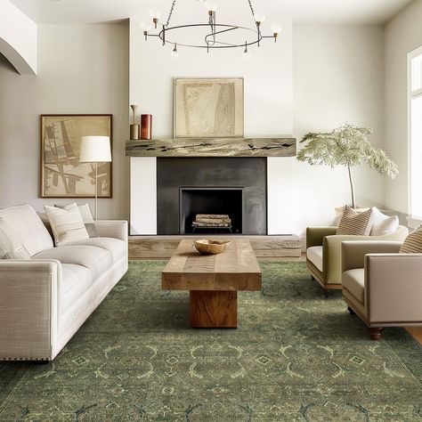 Sage Rug Living Room, Green Rug Living Room Ideas, Olive Green Rug Living Room, Green Rugs In Living Room, Green Accents Living Room, Green Living Room Rug, Double Rug, Green Rug Living Room, Beige Couch Living Room