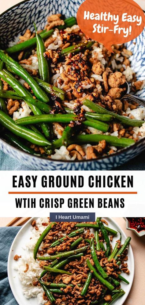 Ground chicken stir fry with green beans is an easy healthy meal with crisp string beans and flavorful ground chicken in a sweet/savory sauce. #groundchickenstirfry #chickenandgreenbeans #onepanmeal #healthyrecipes #glutenfreerecipes Stir Fry With Green Beans, Ground Chicken Stir Fry, Chicken And Green Bean, Green Bean Stir Fry, Turkey And Green Beans, Bean Stir Fry, Easy Healthy Meal, Chicken Green Beans, Paleo Meal Prep