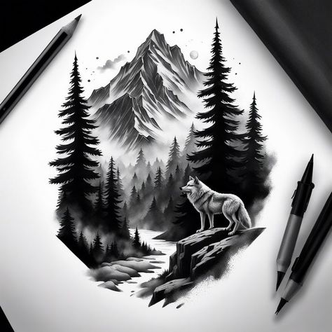 Mountain Deer Tattoo, Forest Mountain Tattoo Design, Forest Mountain Tattoo, Mountain Sleeve Tattoo, Tree Tattoo Art, Wilderness Tattoo, Wolf Sleeve, Woods Landscape, Indian Tattoo Design