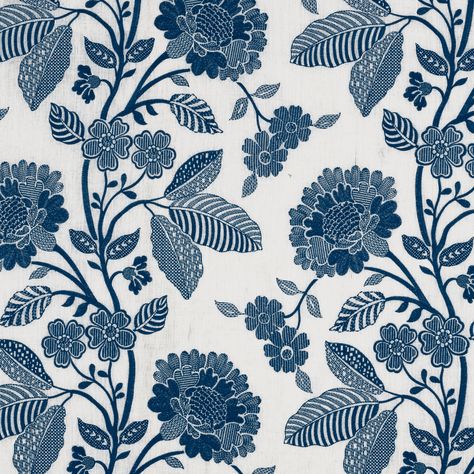 Elspeth | 69162 in Indigo | Schumacher Fabric |  Elspeth is a blooming, bold-scale floral pattern stitched in exquisite detail. Subtle variations are part of its inherent natural beauty. Schumacher Pillows, Indigo Design, Schumacher Fabric, Blue Florals, Indigo Fabric, Wallpaper Size, Ikat Fabric, Textile Patterns, Decorative Pillow Covers