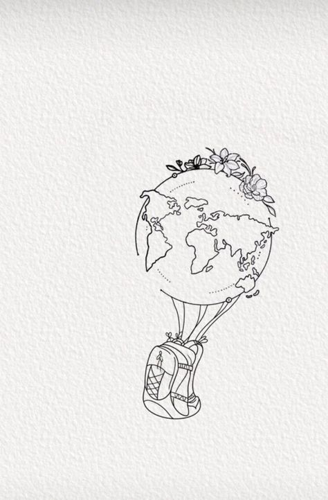 World Traveler Tattoo Ideas, Travel Line Drawing, Map Of The World Tattoo, Small Travel Tattoo, World Globe Tattoos, World Travel Tattoos, Teacher Tattoos, Travel Tattoo Ideas, Ink Tattoo Design