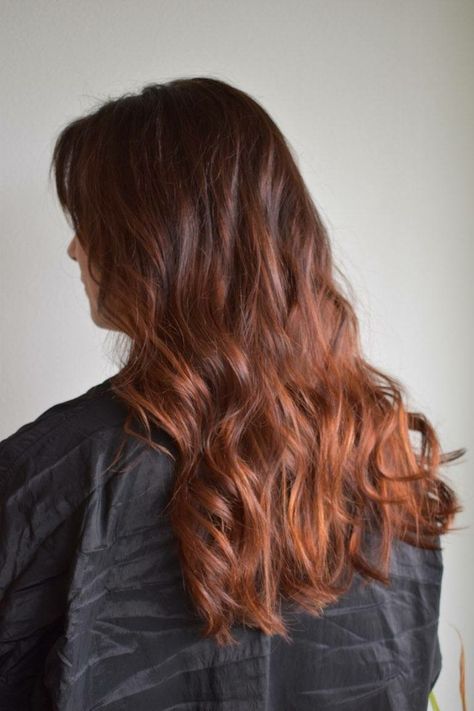 Brunette to redhead, red hair, dark roots, copper Copper Red Hair Color Balayage Dark Brown, Dark Golden Copper Hair, Ginger Hair Brunette Roots, Red Hair For Natural Brunettes, Dark Roots Ginger Hair Balayage, Ginger Dark Roots, Brunette To Redhead, Dark Roots Copper Hair, Ginger Hair Brown Roots