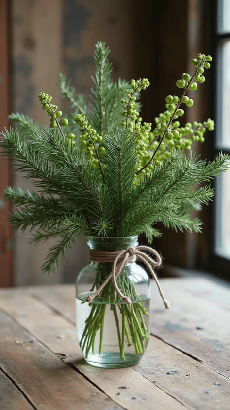 A vintage glass jar filled with evergreen branches and green berries, tied with twine, on a wooden table. Eucalyptus Centerpiece Mason Jar, Winter Greens Centerpiece, Simple Green Centerpieces, Winter Greens Arrangements, Rosemary Arrangement, Bud Vase Ideas, Branch Table Centerpieces, Potted Plant Centerpieces, Evergreen Decor