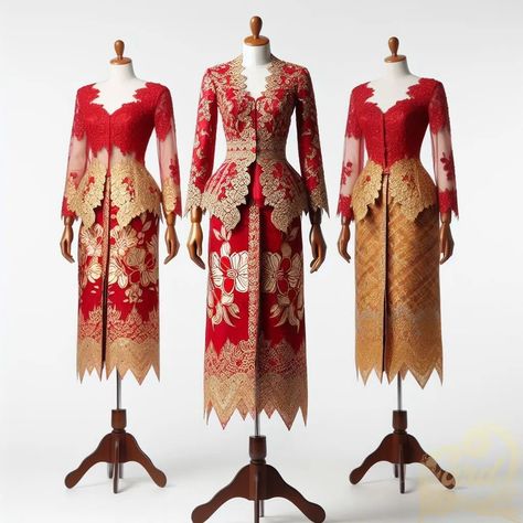 https://card9.com/ai/red-gold-kebaya-mannequin Gold Kebaya, Batik Kebaya, August 15, Hijab Fashion, Red Gold, Batik, Red, Gold, On Instagram