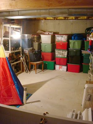 Our unfinished finished basement | Thrifty Decor Chick | Thrifty DIY, Decor and Organizing Home Basement Gym, Unfinished Basement Playroom, Basements Ideas, Basement Shelving, Secret Basement, Diy Train, Concrete Basement, Basement Guest Rooms, Old Basement