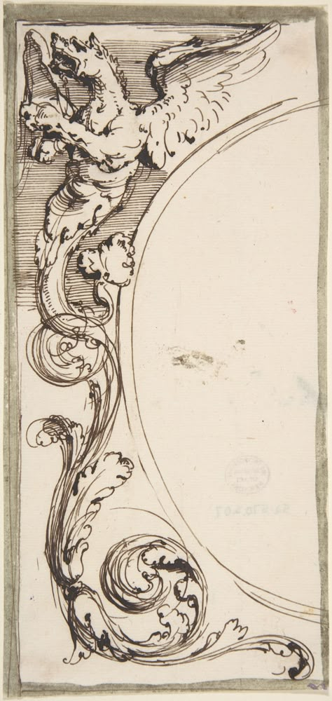 Left Half of a Cartouche with Griffin and Acanthus Scroll Artist: Attributed to Carlo Bianconi (Italian, Bologna 1732–1802 Milan) Date: 1732–1802 Medium: Pen and brown ink, brush and dark green wash  (Looks more like a dragon than a Griffin to me although the two terms can be somewhat interchangable in some situations)  http://www.metmuseum.org/collection/the-collection-online/search/344255 Danish Symbols, Acanthus Scroll, Ornament Drawing, Ink Brush, Medieval Art, Sketchbook Art Inspiration, Art Studies, Pics Art, Arabesque