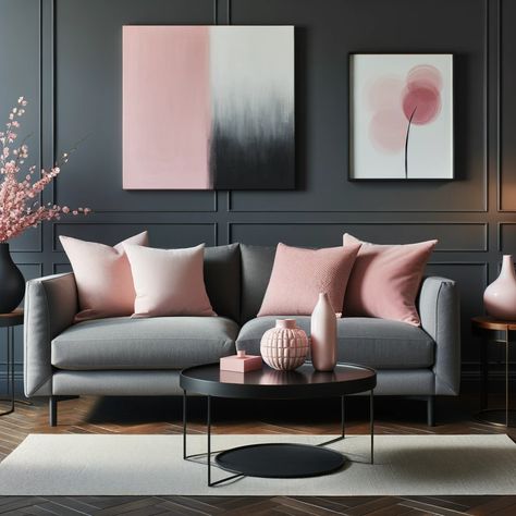 charcoal gray and soft pink living room Pink And Grey Living Room Ideas, Soft Pink Living Room, Bedroom Interior Colour, Modern White Desk, Communal Space, Lounge Room Styling, Charcoal Walls, Grey Sofa Living Room, Home Paint Color