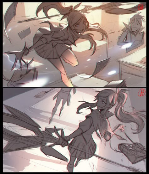 Dynamic Anime Art, Splash Art Poses, Battle Academia, Dynamic Posing, Thumbnail Sketches, Concept Art Tutorial, Splash Art, Composition Design, Concept Art Drawing