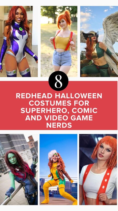 If you enjoy comics, superhero movies, and video games it’s time to channel your inner nerd and rock this Halloween. Iconic Red Head Characters, Diy Hero Costumes Women, Easy Comic Con Outfits For Women, Red Head Characters Costumes, Nerdy Halloween Costumes Women, Halloween Costumes Video Games, Redhead Costume Ideas, Comicon Costume Women, Redhead Cosplay Ideas