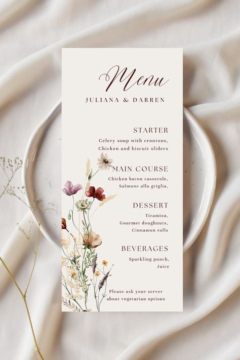 Wildflowers Wedding Menu Template Fully Editable Canva Card Instant Download 4x9 Dinner Party Menu Template Printable Juliana #menueditable #wildflowersmenu #weddingmenucard #pdfeditablemenu #floralmenutemplate #canvatemplate #instantdownload #summermenu #printablewedding Dinner At Wedding, Menu Wedding Design Ideas, Menu Cards For Wedding, Wedding Menu Card Ideas, Wedding Invitation Menu Card, Menu Card For Wedding, Menu For Wedding Reception, Birthday Stationary, Wedding Menu Card Design