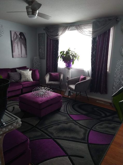 Living Room Designs Purple And Grey, Purple Couches Living Room, Black Grey Purple Living Room, Purple Living Room Aesthetic, Purple And Black Living Room, Modern Purple Living Room, Purple And Grey Living Room Ideas, Purple And Gray Living Room Ideas, Living Color Scheme Ideas