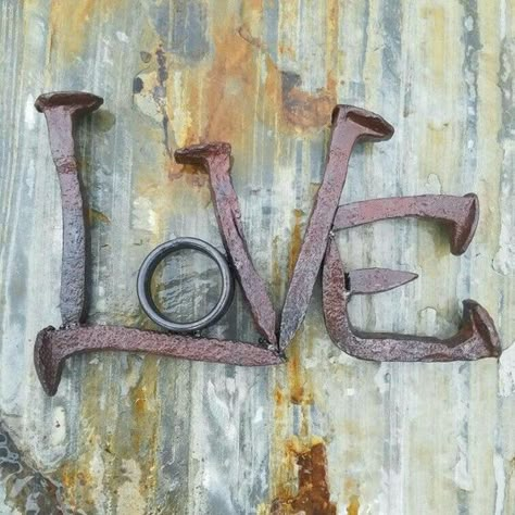 Love Railroad Spike Art, Welded Art, Railroad Spikes, Metal Art Decor, The Word Love, Welding Art Projects, Art Shelves, Metal Tree Wall Art, Horseshoe Art