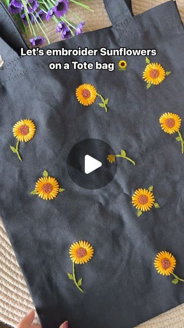 Filledefil | Embroidery Artist | Handmade Accessories | Gifting on Instagram: "The video is not doing justice to the pretty Sunflowers, trust me!! It turned out to be so beautiful 🫶🌻❤️

(Sunflowers, sunflower love, florals, embroidery, embroidered tote bag, tote bags, hand embroidery, small business, Filledefil )
#reels #reelkarofeelkaro #reelsindiaofficially #viralreels #handembroidery #handmade #handmadewithlove #sunflower #sunflowers🌻 #lovesunflowers #trendingreels #trendingwork #trendingaudio #trends #trendingtotebag #totebag #handwork" Sunflower Embroidery Designs, Hand Embroidery Tote Bag, Embroidery On Bags Totes, Hand Embroidery Bag, Embroidery Bags Handmade, Embroidery On Tote Bags, Sunflower Embroidery On Shirt, Embroidery Tote Bag Design, Embroidery Sunflower