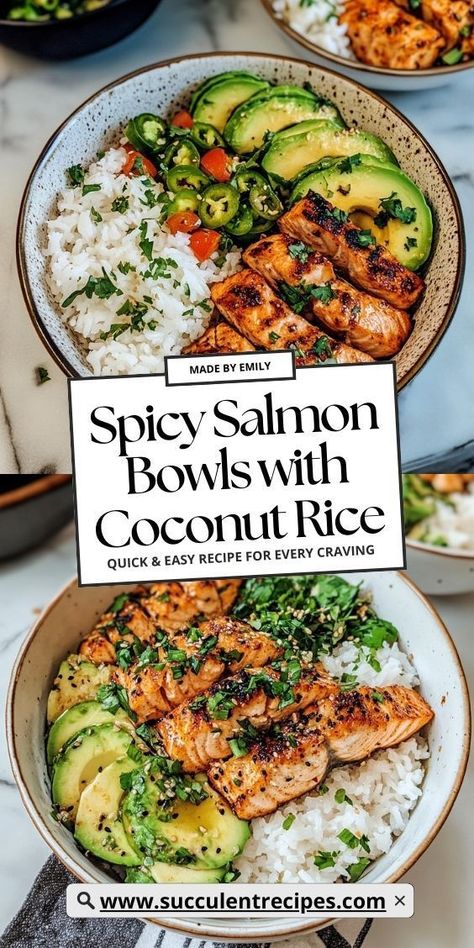 Savor Vibrant Spicy Salmon Bowls with Coconut Rice and Avocado for a refreshing twist on a classic! The creamy avocado and spicy salmon pair perfectly with the sweet coconut rice, making every bite a delight. Salmon Recipes Cilantro, Lifesum Recipes Healthy Meals, Things To Go With Salmon, Low Calorie Dinner Bowls, Salmon With Curry Sauce, Crispy Sriracha Salmon Bowls, Air Fryer Salmon Meal, Good Healthy Fish Recipes, Healthy Dinner Ideas Salmon