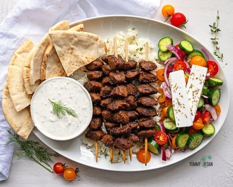 Souvlaki Platter, Vegan Greek Recipes, Greek Feast, Souvlaki Recipe, Vegan Greek, Greek Meatballs, Vegan Sour Cream, Vegetarian Main Dishes, Vegan Yogurt