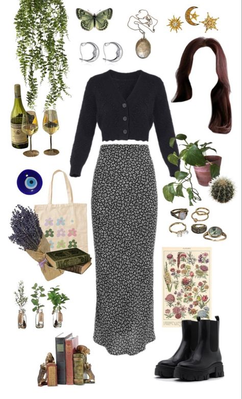 Witchy Librarian Aesthetic, Witchy Vibes Aesthetic Outfits, Witchy Professional Outfits, Modern Witchy Outfits, Garden Witch Aesthetic Outfit, Casual Witchy Outfit, Practical Magic Outfits Aesthetic, Witchy Work Outfit, Witchy Autumn Outfits