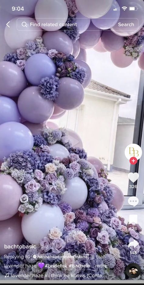 Balloon Arch Lavender, Lavender And White Balloons, Balloon Arch With Flowers Purple, Baloon Decorations Lavender, Pink And Lilac Balloon Garland, Lavender And Pink Balloon Garland, Pastel Purple Party Decor, Lavender And White Birthday Decorations, Purple Balloons Decorations