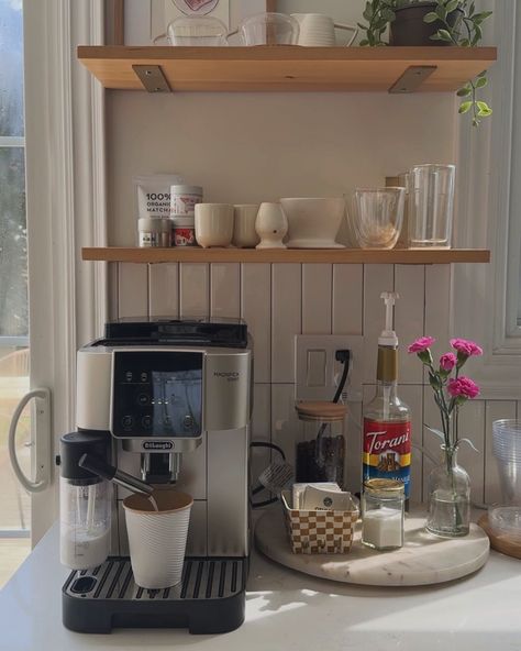 welcome to our home cafe :)☕️🥐✨ #homecafé #coffeeathome #coffeenook Keurig Coffee Station Aesthetic, Coffee Corner Apartment, Cozy Coffee Bar Inspiration, Coffee Corner In Kitchen, Counter Top Coffee Bar, Nespresso Coffee Bar Ideas, Coffee Station Ideas Countertop, Coffee And Tea Station, At Home Coffee Bar