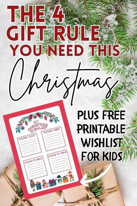 A guide to the 4 Gift Rule for Christmas plus a free printable wishlist for kids to write down their gift ideas. 5 Gift Rule For Christmas, Gift Rule For Christmas, 5 Gift Rule, 4 Gift Rule, Gift Wishlist, Rules For Kids, Christmas Eve Traditions, Christmas Background Images, Kitchen Christmas Gifts