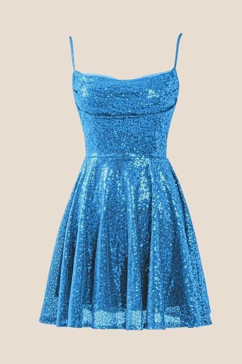 Constructed with sequin material in a vivid Fuchsia color, this short princess dress features spaghetti straps and an A-line silhouette. A mini length and a lace-up back add to its stylish and eye-catching design. Sweet16 Dress, Sparkly Hoco Dress, Blue Hoco Dresses, Homecoming Inspo, Hoco Dress Inspo, Short Princess Dress, Dance Dress Ideas, Bat Mitzvah Party, Sequin Homecoming Dress