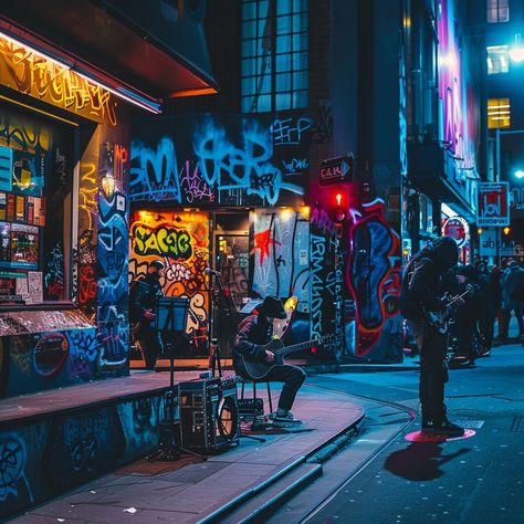 Urban Night Scene: A bustling city alley at night, illuminated by neon lights with graffiti-covered walls and passersby. #city #night #graffiti #neon #lights #urban #street #musician #aiart #aiphoto #stockcake https://ayr.app/l/qqmX Urban Night Aesthetic, Graffiti Background Photoshoot, Neon City Aesthetic, Neon Light City, Night Graffiti, City Street Night, City Streets At Night, Night City Street, Alley Design