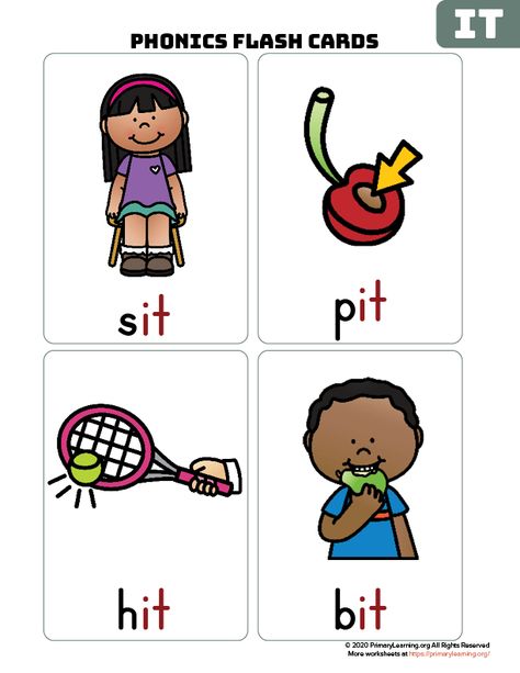 IT #wordfamily #flashcards help students learn to read. Words: bit, fit, hit, kit, pit, sit. #phonics #primarylearning #kindergarten https://primarylearning.org/worksheet/it-word-family-flash-cards/ It Word Family, Vowels Kindergarten, Kids Flash Cards, Kindergarten Vocabulary, Word English, Preschool Calendar, Cvc Worksheets, Vocabulary Flash Cards, Rhyming Activities