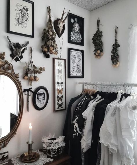 Gothic Bedroom With Plants, Classy Goth Home Decor, White Gothic Home Decor, Romantic Goth Aesthetic Room, Faux Door Ideas, Romantic Goth Decor, Light Goth Aesthetic, Punk Aesthetic Room, Cozy Goth Bedroom