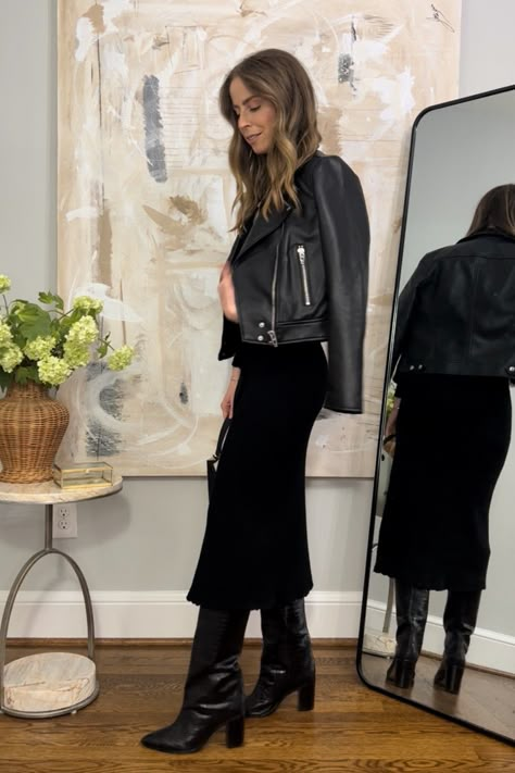 Moto Jacket Knee High Boots, Midi Dress Leather Jacket Outfit, Modest Leather Jacket Outfit, Black Cropped Leather Jacket Outfit, Black Leather Moto Jacket Outfit, Moto Jacket Outfit 2023, Leather Jacket Outfit Dressy, Moto Jacket Outfit Dressy, Black Moto Jacket Outfit