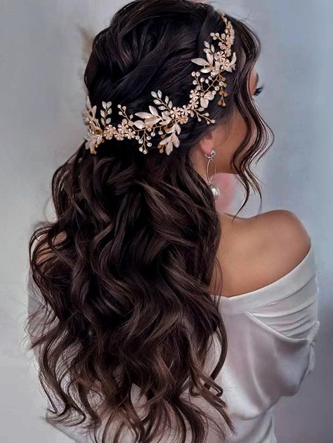 Prom Hair Down, Bridal Headwear, Prom Hairstyles For Short Hair, Prom Hairstyles For Long Hair, Haircut Inspiration, Indian Bridal Hairstyles, Wedding Hair Inspiration, Bride Hair Accessories, Rhinestone Flower