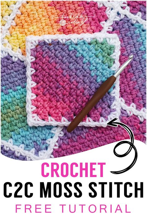 Crochet C2C Moss Stitch Square [Free Video Tutorial & Written Pattern!] — Hooked by Robin Moss Stitch Corner To Corner, C2c Bobble Crochet, Crochet Moss Stitch Square Blanket, Square Motif Crochet Pattern Free, Free Crochet Pattern For Granny Square, Crochet Blanket Squares Pattern, C2c Moss Stitch Blanket, Moss Stiches Crochet Blanket, Crochet Joining Techniques Stitches