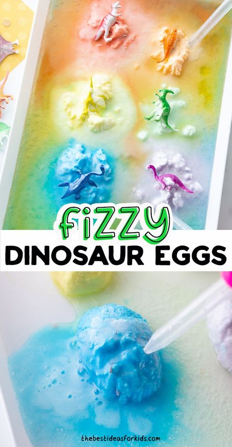 Fizzy Dinosaur Eggs - make these rainbow fizzing dinosaur eggs with baking soda and vinegar and watch them fizz to "hatch" the dinosaurs! Fizzing Dinosaur Eggs, Dinosaur Eggs Craft, Fizzy Dino Eggs, Dinosaur Small Group Activities Preschool, Preschool Dinosaur Activities Art, Dinosaur Creative Art Preschool, Dinosaur Fossil Craft Preschool, Dinosaur Egg Craft Preschool, Preschool Dinosaur Theme Activities