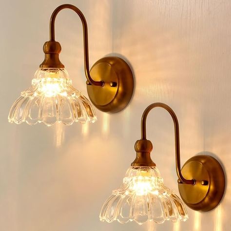 lobolighting Vintage Wall Sconce Set of 2 with Glass Shade Brass Sconces Gold Bathroom Vanity Light Fixtures Modern Wall Lighting Fixture for Bedroom Bedside Door Header - Amazon.com Rooms Lighting Ideas, Wall Lights Living Room Vintage, Vintage Wall Light Fixtures, Light Fixtures In Bedroom, Gold Bathroom Wall Lights, Modern Farmhouse Bathroom Gold Fixtures, Mirror And Wall Sconces, Vintage Home Accents, Bathroom Lighting Sconces Wall