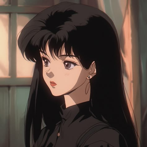 90s Anime Women, 90s Anime Retro Aesthetic, 90s Anime Retro, Aesthetic Black Hair, Black Hair Fringe, Hair Fringe, Anime Retro, Aesthetic Black, Old Anime