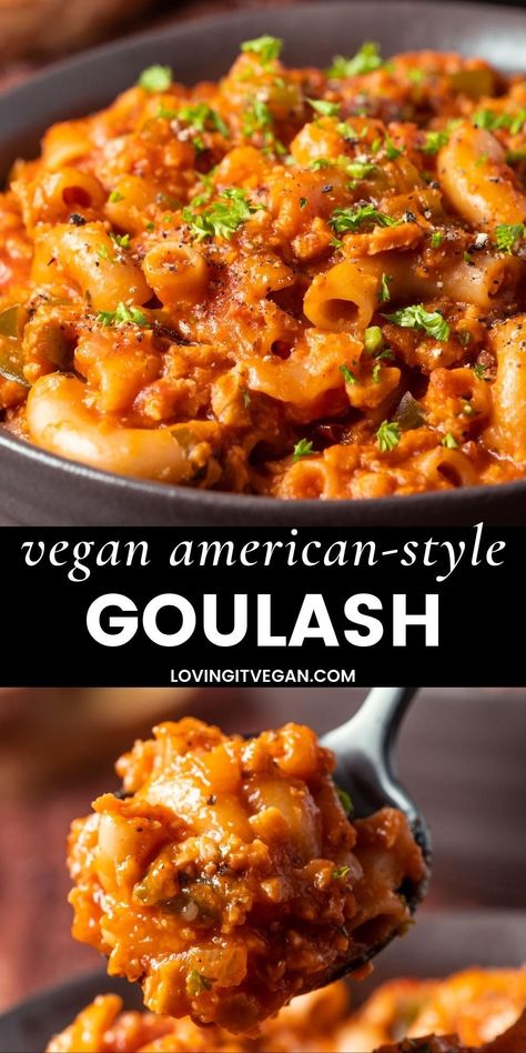 This American-style vegan goulash is made in one-pot, with a ‘meaty’ sauce and elbow macaroni for a hearty, comfort food classic. You’ll definitely come back for seconds! Elbow Pasta Recipes, Vegan Goulash, Monday Recipes, Vegan Ground Beef, Plant Based Diet Meal Plan, Vegan Beef, Hearty Comfort Food, Baked Veggies, Meatless Monday Recipes