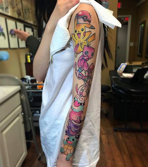 #pokemon #pokemon tattoo #sleeve #tattoo Generation Tattoo, Pokemon Sleeves, Tatts Ideas, Pokemon Tattoos, Pikachu Tattoo, Pokemon Realistic, Pokemon Series, Popular Pokemon, Pokemon Sketch