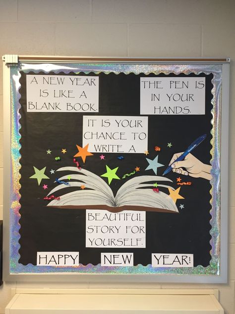 New Year Boards Bulletin, January Bulletin Board Ideas Middle School, New Year New You Bulletin Board, New Year Display Boards, New Years Board Ideas, New Year Board Decorations For School, New Years Bulletin Board Ideas Preschool, New Year Bulletin Boards For School, Happy New Year Bulletin Boards