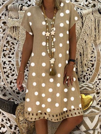 zolucky Women V-Neck Short Sleeve Hollow Polka Dot Summer Dress Polka Dot Summer Dresses, Robes Glamour, Dot Print Dress, Linen Dress Women, Dress Sleeve Styles, Mini Robes, Khaki Dress, Linen Women, Types Of Skirts