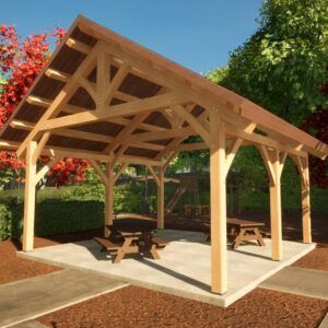 Porch Build On, Barn Doors In Pavilion, Backyard Pavilion Furniture, Build Wood Gazebo, King Post Truss, Timber Frame Pergola, Small Pool Houses, Timber Frame Plans, Timber Frame Porch