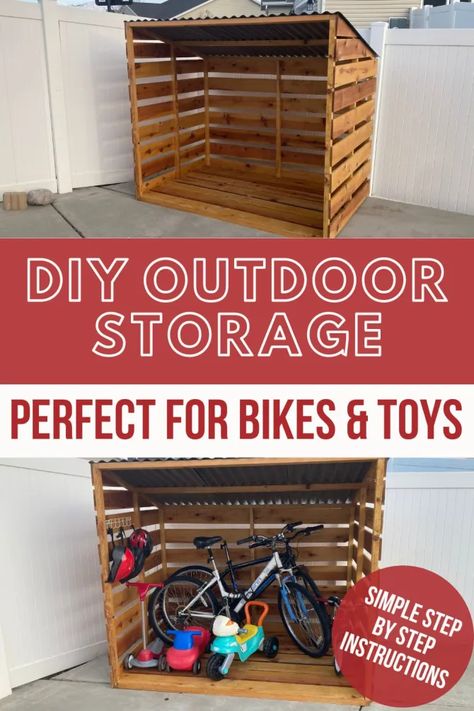 Cheap DIY Outdoor Bike Storage - You Can DIY Blog Bike Storage Small Space, Kids Bike Storage, Garden Bike Storage, Bike Storage Shed, Bicycle Storage Shed, Diy Outdoor Toys, Outdoor Toy Storage, Outdoor Bike Storage, Bike Storage Garage