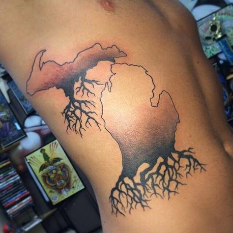 Michigan. Roots. Tattoo. State. Men. Michigan Tattoo Men, Michigan Roots Tattoo, State Of Michigan Tattoo, Cartography Tattoo, Michigan Tattoo, Buck Tattoo, Michigan Tattoos, Tree Roots Tattoo, Pastel Tattoo