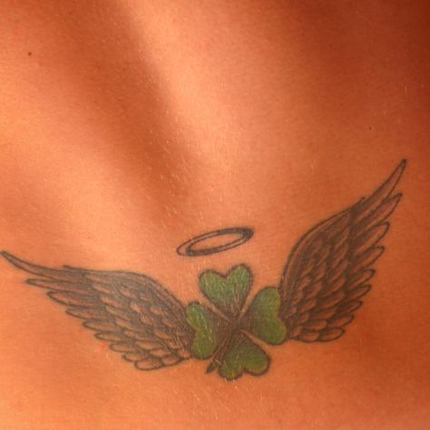 4 leaf clover and angel wings 4 Leaf Clover Memorial Tattoo, Irish Angel Tattoo, Four Leaf Clover Memorial Tattoo, Small Celtic Tattoos, 4 Leaf Clover Tattoo, Swedish Tattoo, Wrist Tatoo, Claddagh Tattoo, Four Leaf Clover Tattoo