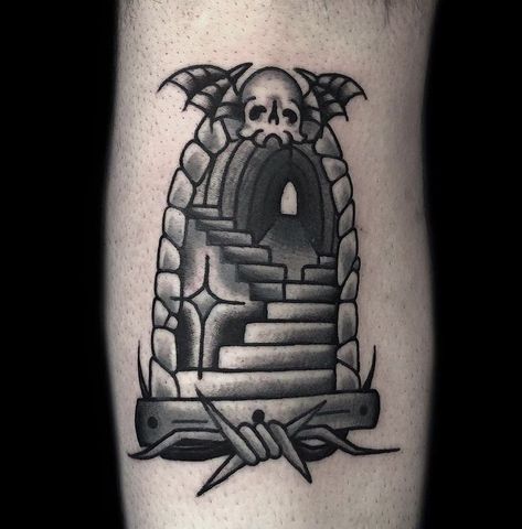 Traditional Portal Tattoo Flash, Traditional Grave Stone Tattoo, American Traditional Medieval Tattoo, Traditional Doorway Tattoo, Doorway Tattoo Traditional, Traditional Portal Tattoo, Traditional Castle Tattoo, Traditional Tombstone Tattoo, Traditional Coffin Tattoo