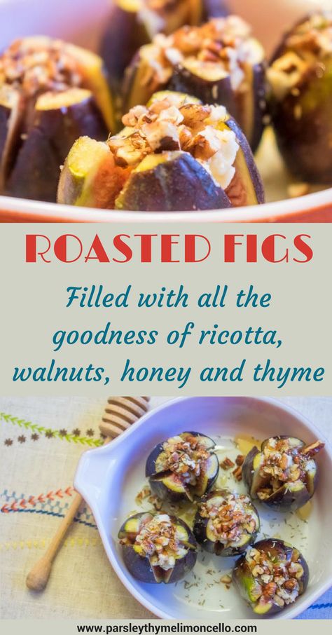 Roasted Figs with Ricotta, walnuts, honey, thyme Figs And Cream Cheese, Roasted Figs With Honey, Figs With Ricotta And Honey, Baked Figs With Honey, Fig And Ricotta, Fresh Fig Appetizer Recipes, Fig Ricotta Appetizer, Stuffed Figs, What To Make With Figs