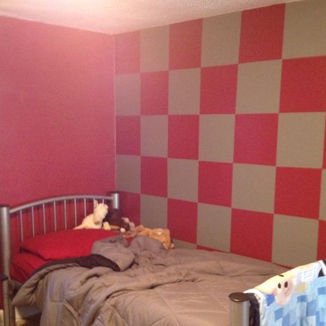 Our sons new bedroom! Other walls are either a solid gray or a solid red, then one checkered wall! Checkered Wall, Girls Room Paint, Boys Room Ideas, Diy Wall Painting, Room Painting, Funky Decor, Girls Rooms, Walls Room