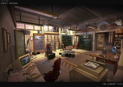 ArtStation - The Laundry Files - Jennifer Morgue - Agency Arsenal, Kashyap Bhatt Interior Concept Art, Research Facility, Mechanical Workshop, Indie Game Art, Ark Survival Evolved, Building Concept, Entertainment Design, Fantasy Places, Interior Concept