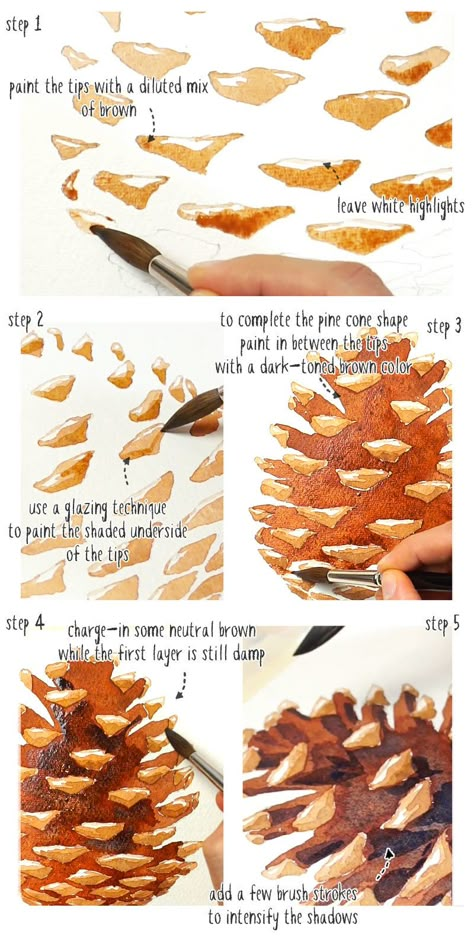 How To Paint Watercolor Pinecones, How To Draw Pine Cones Easy, Watercolor Pine One, Pine Cones Painting, Pine Cone Painting On Canvas, Beginner Watercolor Projects, Pinecone Watercolor Paintings, Watercolor Art Pine Trees, Pine Cone Drawing Step By Step