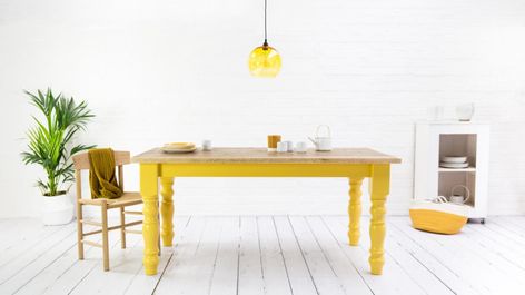 Reclaimed wood tables made in Devon | Home | The Sunday Times Yellow Dining Table, Rustic Round Table, Wood Dining Table Rustic, Yellow Farmhouse, Reclaimed Dining Table, Rustic Tables, Kitchen Table Makeover, Yellow Furniture, Farmhouse Tables