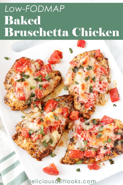 Low FODMAP Baked Bruschetta Chicken - Delicious as it Looks Lofod Map Recipes, Low Fodmap Summer Recipes, Low Fodmap Casserole Recipes, Low Fod Map Dinner Recipes, Lowfodmap Easy Dinner, Low Fod Map Dinner, Easy Fodmap Recipes, Low Fodmap Dinner Recipes, Baked Bruschetta