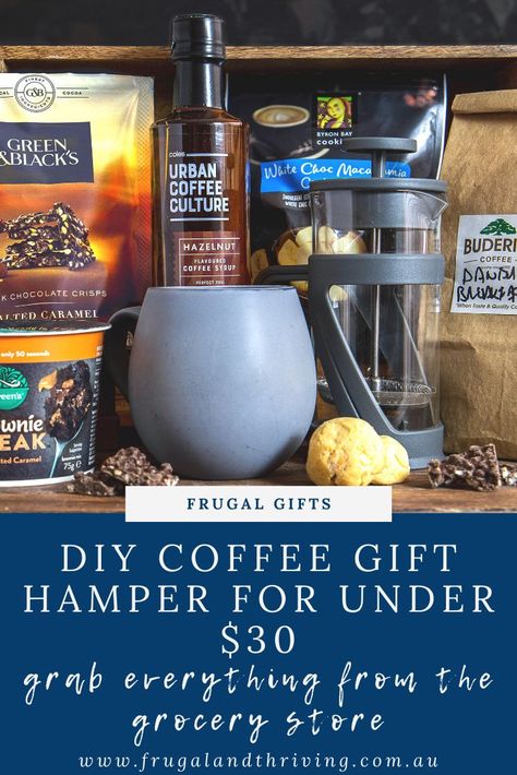 A DIY coffee hamper is the perfect frugal gift for the coffee lover in your life. A great last-minute gift from the grocery store or farmer's market for under $30. Coffee Hamper, Hamper Diy, Coffee Hampers, Coffee Gifts Box, Coffee Gift Basket, Frugal Christmas, Hazelnut Coffee, Coffee Syrup, Christmas Hamper