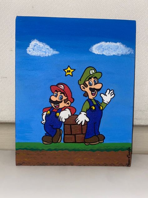 Mario Painting Ideas, Mario Kart Painting, Mario And Luigi Painting, Super Mario Painting, Mario Painting, Mario Und Luigi, Canvas Art Projects, Kids Painting, Canvas Painting Designs